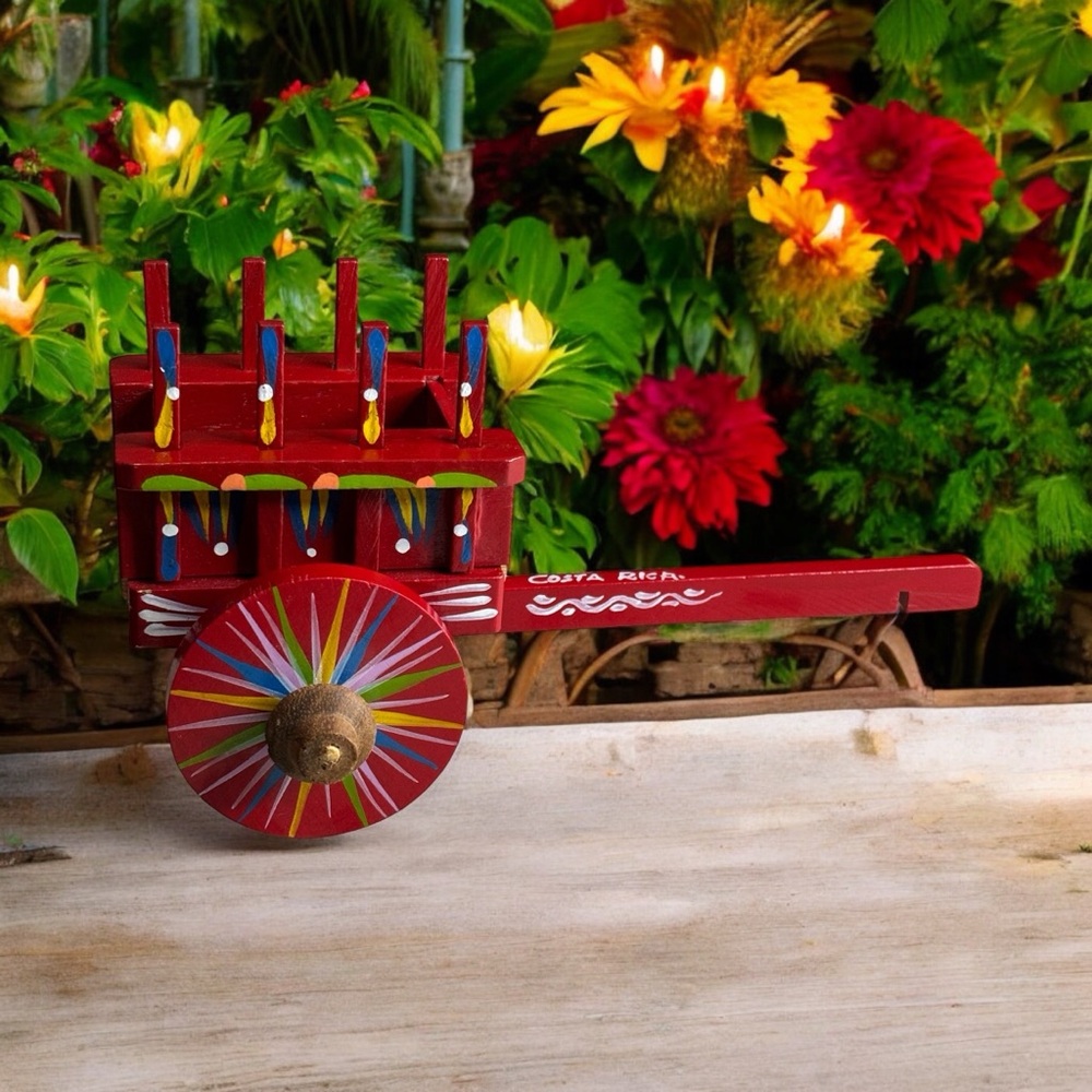 Costa Rica Souvenir Wooden Oxen Cart Handmade Painted Red Wagon Yellow White